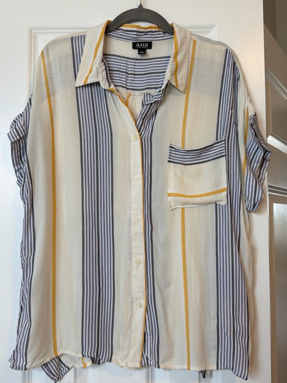 a.n.a Cream Button-Up Shirt with Navy and Yellow Stripes